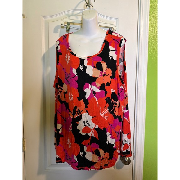 LuLaRoe Tops - LuLaRoe Floral Mesh Back Tank Top Red Pink Tropical Hibiscus Sleeveless XL